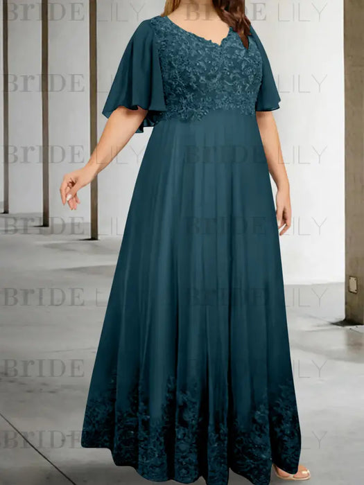 Ink Blue plus size lace hem chiffon mother of the bride empire gown