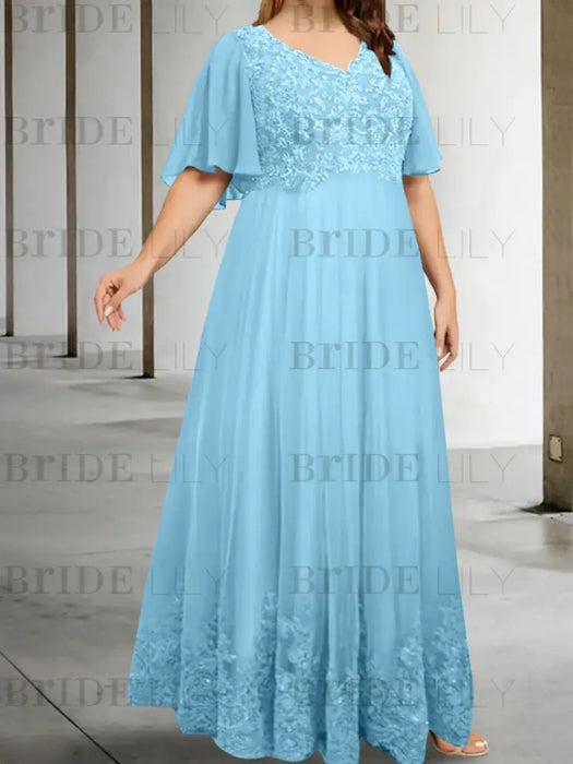 Light Blue plus size lace hem chiffon mother of the bride empire gown