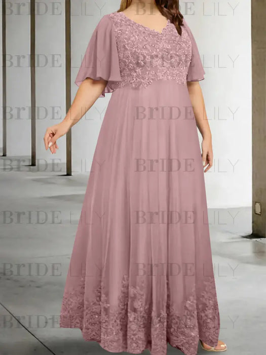 Mauve plus size lace hem chiffon mother of the bride empire gown