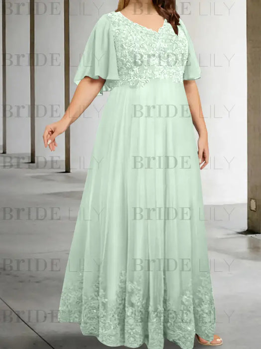 Mist Blue plus size lace hem chiffon mother of the bride empire gown