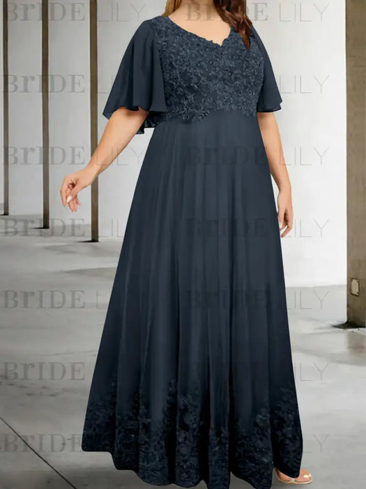 Navy Blue plus size lace hem chiffon mother of the bride empire gown