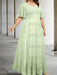 Plus size pale green chiffon gown with a lace bodice and lace hem