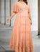 Plus size peach chiffon gown with a lace bodice and lace hem band