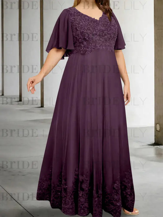 Plum plus size lace hem chiffon mother of the bride empire gown