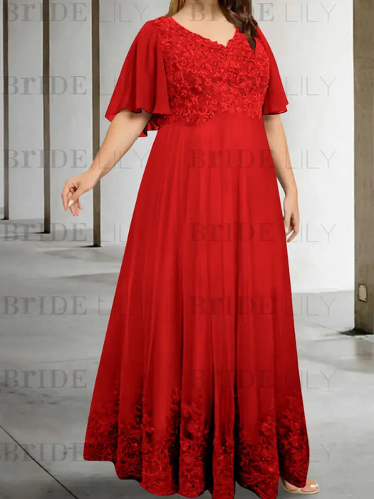 Red plus size lace hem chiffon mother of the bride empire gown