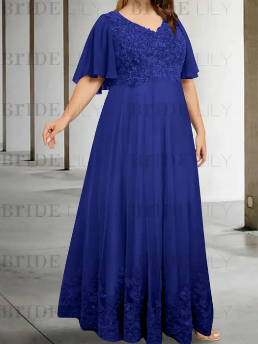 Royal Blue plus size lace hem chiffon mother of the bride empire gown
