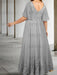 Back view of the silver chiffon gown with a lace hem band