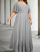 Plus size silver chiffon gown with a sequin lace bodice and lace hem