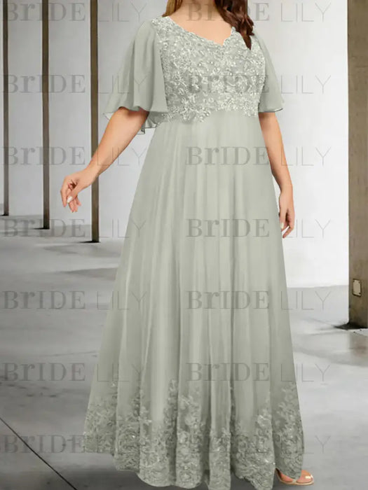 Silver plus size lace hem chiffon mother of the bride empire gown