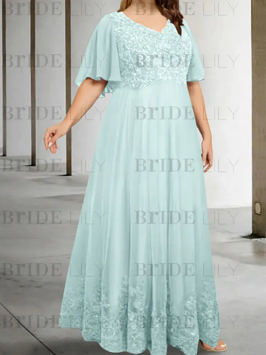 Sky Blue plus size lace hem chiffon mother of the bride empire gown