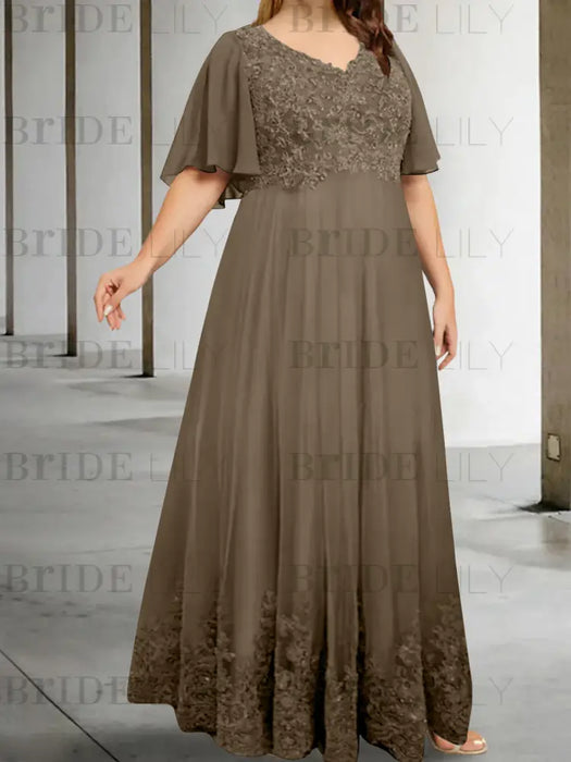 Taupe plus size lace hem chiffon mother of the bride empire gown