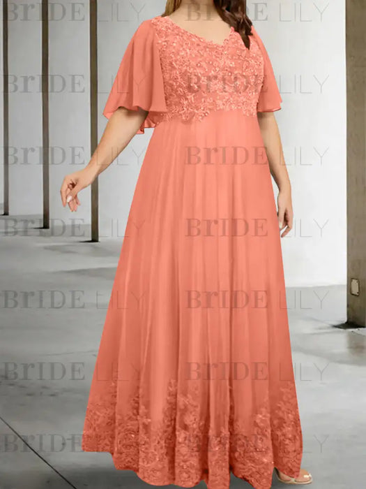 Watermelon plus size lace hem chiffon mother of the bride empire gown