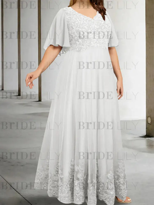White plus size lace hem chiffon mother of the bride empire gown