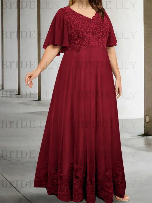 Wine Red plus size lace hem chiffon mother of the bride empire gown