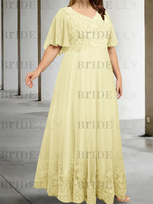 Yellow plus size lace hem chiffon mother of the bride empire gown
