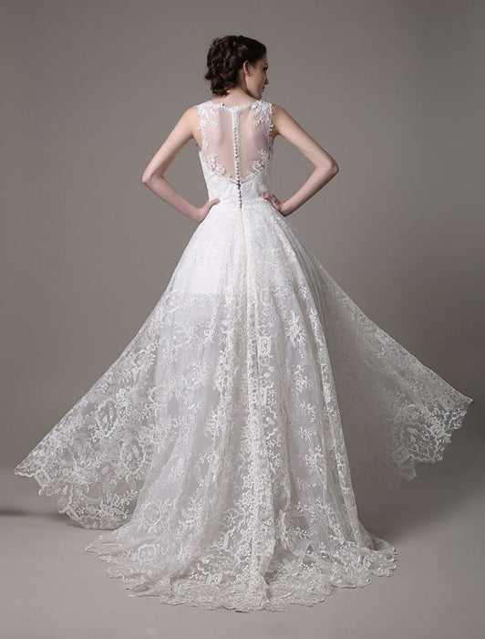 2021 Lace High-low Wedding Gown With Llusion Neckline And Back misshow