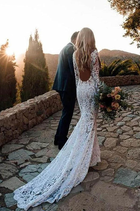 Bohemian Lace Wedding Dress Long Sleeves Backless Boho Bridal Gown - Bridelily Bohemian Lace Wedding Dress Long Sleeves Backless Boho Bridal Gown - Bridelily