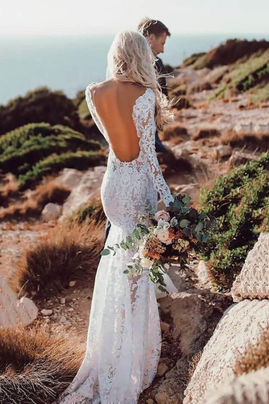 Bohemian Lace Wedding Dress Long Sleeves Backless Boho Bridal Gown - Bridelily Bohemian Lace Wedding Dress Long Sleeves Backless Boho Bridal Gown - Bridelily