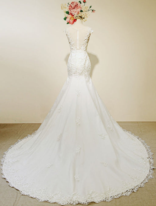 High Qulity Lace  Mermaid Wedding Dress Illusion Chaple Train Ivory Beading Bridal Gown