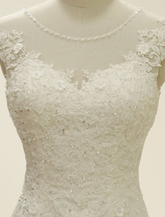 High Qulity Lace  Mermaid Wedding Dress Illusion Chaple Train Ivory Beading Bridal Gown
