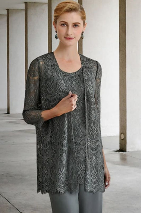 Lace Mother of the Bride Pant Suit | Chiffon 3 Piece Mother of the Bride Dresses - Prom Dresses