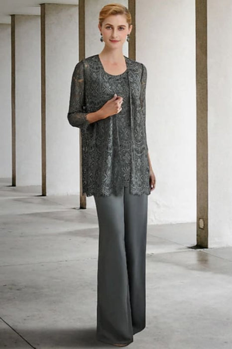 Lace Mother of the Bride Pant Suit | Chiffon 3 Piece Mother of the Bride Dresses - Prom Dresses