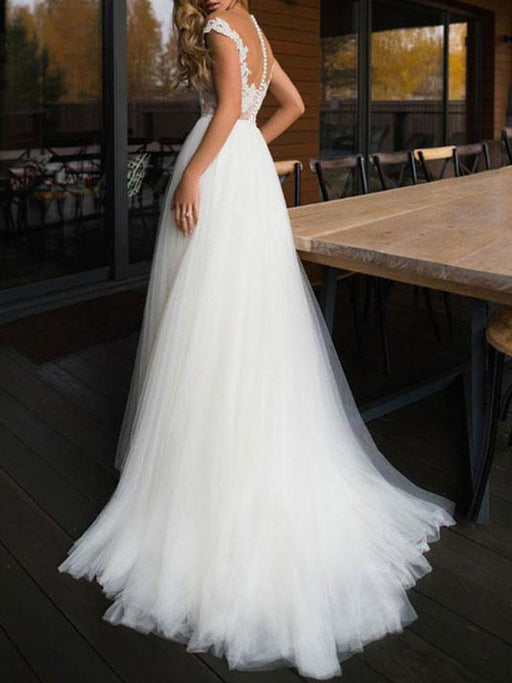 wedding dresses 2021 illusion neck short sleeve floor length lace soft tulle beach bridal gowns for boho wedding