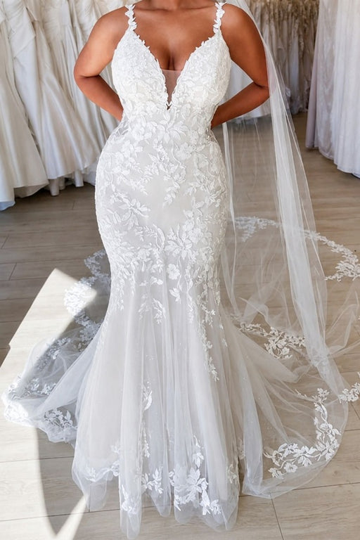 Spaghetti Straps Tulle Lace Wedding Dress Mermaid with Appliques