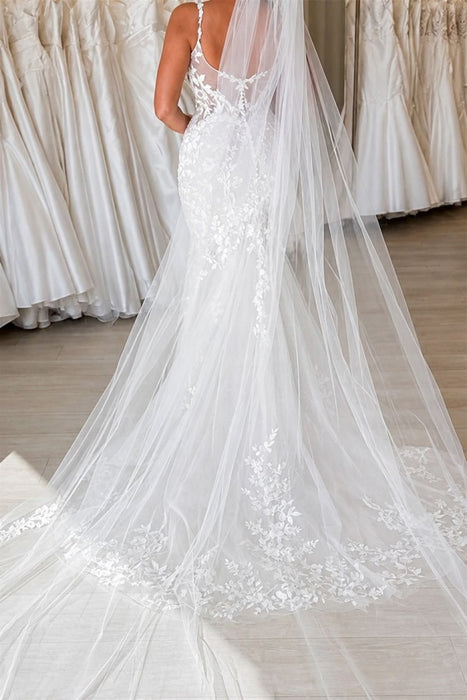 Spaghetti Straps Tulle Lace Wedding Dress Mermaid with Appliques