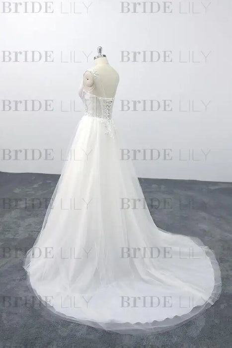 Lace-up V-neck Appliques Tulle A-line Wedding Dress - Wedding Dresses