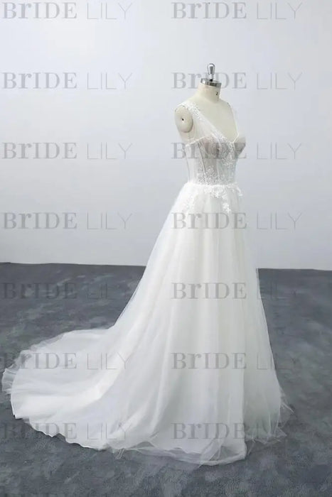 Lace-up V-neck Appliques Tulle A-line Wedding Dress - Wedding Dresses