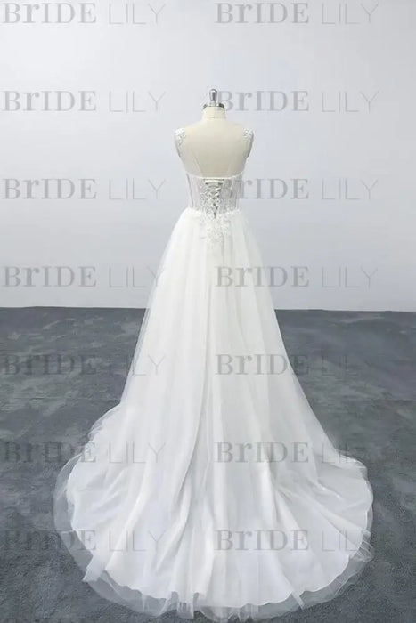 Lace-up V-neck Appliques Tulle A-line Wedding Dress - Wedding Dresses