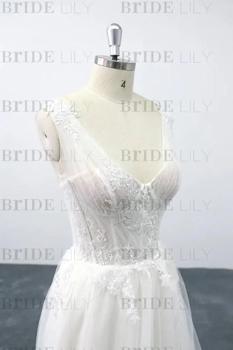 Lace-up V-neck Appliques Tulle A-line Wedding Dress - Wedding Dresses