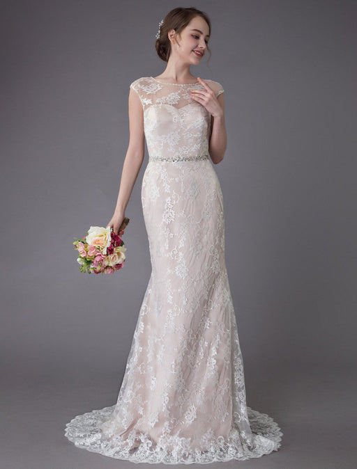 Lace Wedding Dress Champagne Jewel Sleeveless Backless Mermaid Beach Wedding Gown With Train