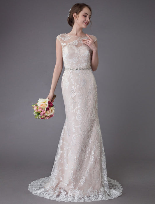 Lace Wedding Dress Champagne Jewel Sleeveless Backless Mermaid Beach Wedding Gown With Train