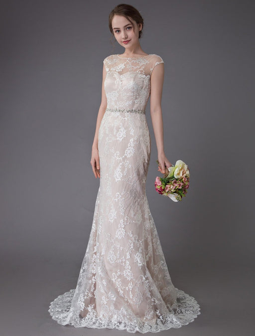 Lace Wedding Dress Champagne Jewel Sleeveless Backless Mermaid Beach Wedding Gown With Train