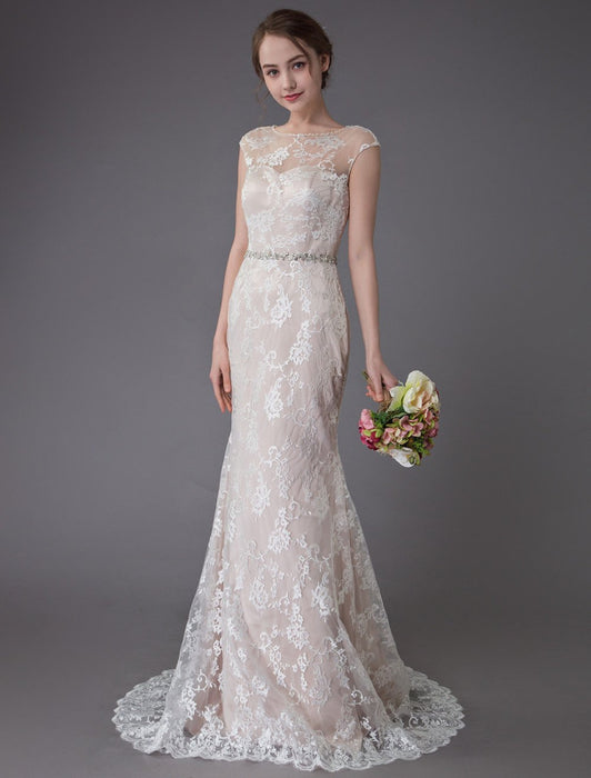 Lace Wedding Dress Champagne Jewel Sleeveless Backless Mermaid Beach Wedding Gown With Train