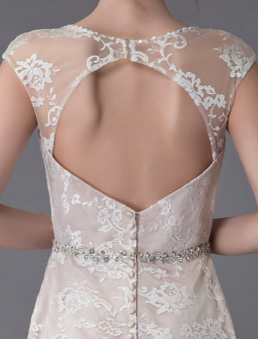 Lace Wedding Dress Champagne Jewel Sleeveless Backless Mermaid Beach Wedding Gown With Train