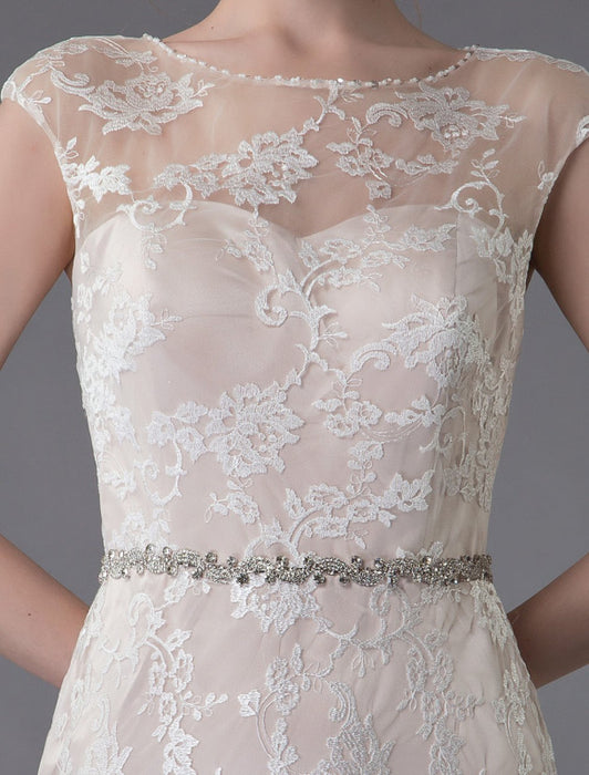 Lace Wedding Dress Champagne Jewel Sleeveless Backless Mermaid Beach Wedding Gown With Train