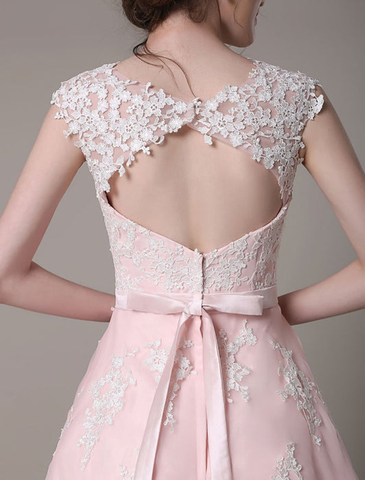 Lace Wedding Dress Cut Out Knee Length A-Line Bridal Dress With Satin Bow misshow