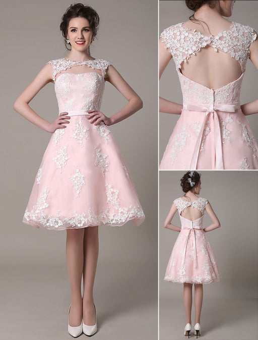 Lace Wedding Dress Cut Out Knee Length A-Line Bridal Dress With Satin Bow misshow