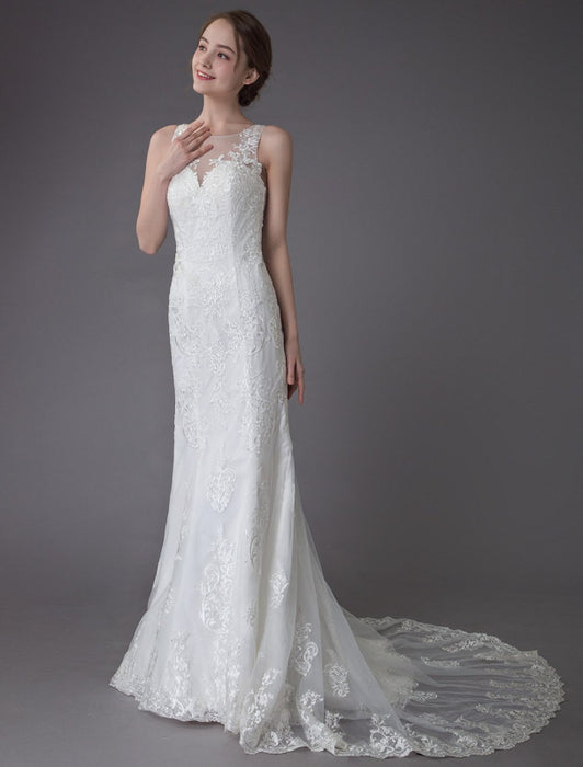 Lace Wedding Dress Ivory Illusion Neckline Sleeveless Chain Beach Wedding Dress Mermaid Bridal Gowns With Train