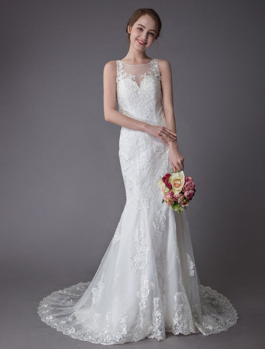Lace Wedding Dress Ivory Illusion Neckline Sleeveless Chain Beach Wedding Dress Mermaid Bridal Gowns With Train