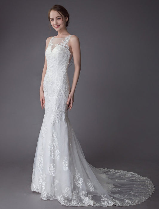 Lace Wedding Dress Ivory Illusion Neckline Sleeveless Chain Beach Wedding Dress Mermaid Bridal Gowns With Train