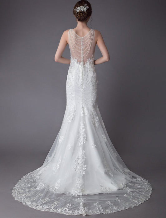 Lace Wedding Dress Ivory Illusion Neckline Sleeveless Chain Beach Wedding Dress Mermaid Bridal Gowns With Train