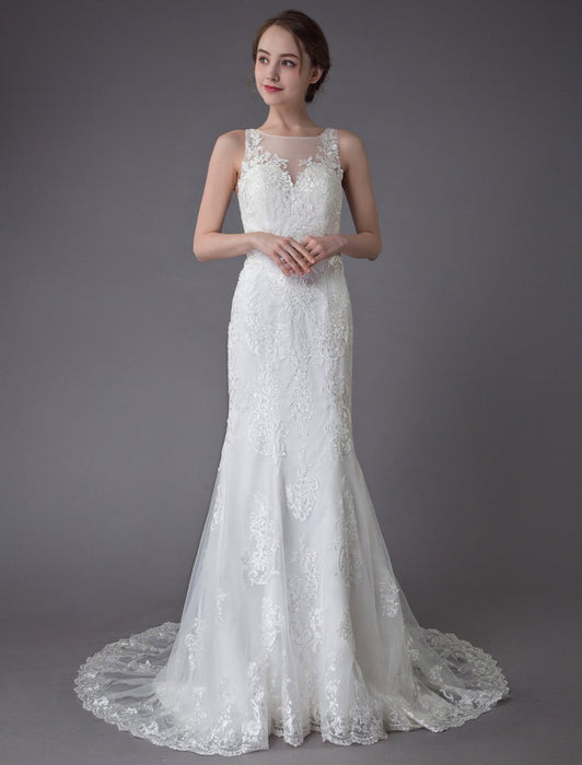 Lace Wedding Dress Ivory Illusion Neckline Sleeveless Chain Beach Wedding Dress Mermaid Bridal Gowns With Train