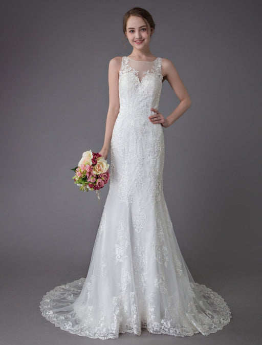 Lace Wedding Dress Ivory Illusion Neckline Sleeveless Chain Beach Wedding Dress Mermaid Bridal Gowns With Train