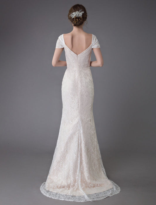 Lace Wedding Dress Vanilla Cream Sweetheart Short Sleeve Bridal Dress Mermaid Bridal Gown With Train