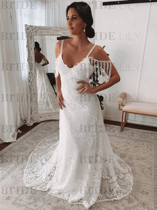 Lace Wedding Dress With Train Ivory A-Line Sleeveless V-Neck Backless Bridal Gowns