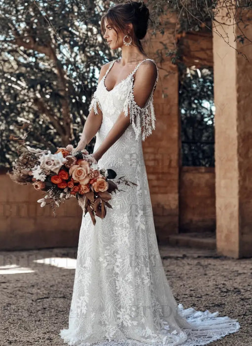 A-Line Lace Wedding Dress | V-Neck Backless Bridal Gown with Train-Bridelily A-Line Lace Wedding Dress | V-Neck Backless Bridal Gown with Train-Bridelily